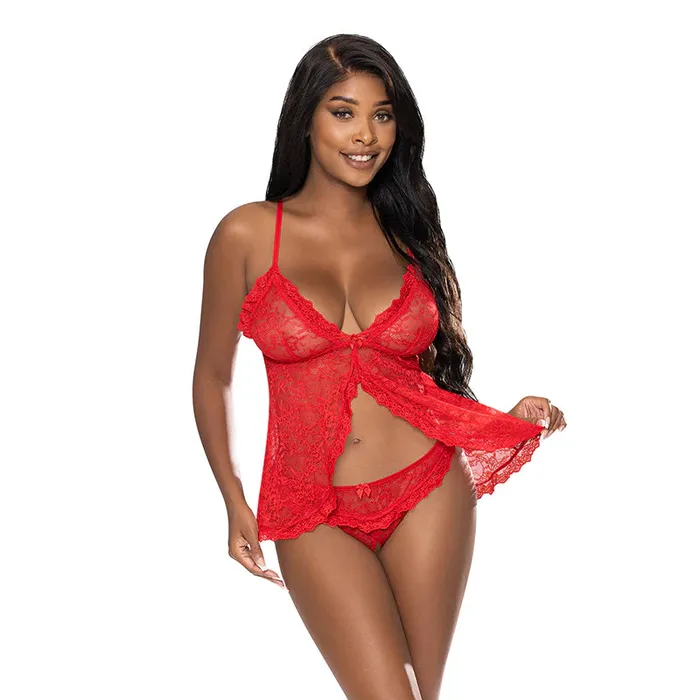 Anal BoudoirNoir Magic Silk Ooh La Lace Babydoll SplitCrotch Panty Set Red Anal BoudoirNoir Magic Silk Ooh La Lace Babydoll SplitCrotch Panty Set Red